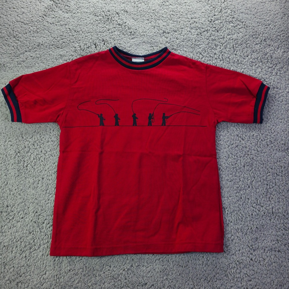 Vintage E-I-E-I-O Red Ringer T-Shirt Fly Fishing Graphic Made in USA Size 7
